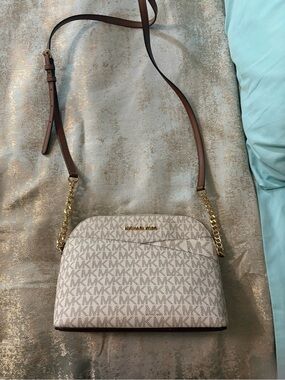 Michael Kors Cream Monogram Crossbody with Brown Strap and Gold Hardware